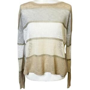 LOFT Crewneck Long‎ Sleeve Stripes Linen Blend Gold Knit Pullover Sweater Medium